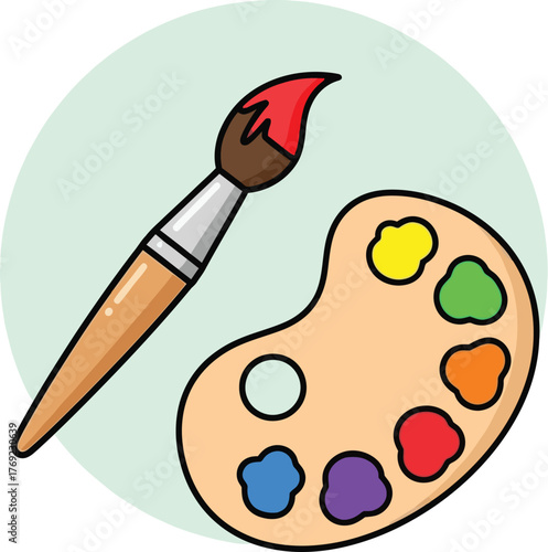 A paintbrush rests on a painter's palette filled with colorful paints.