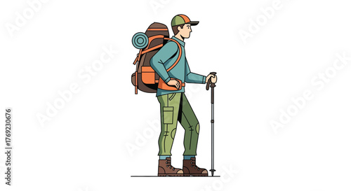 A man with a large backpack and trekking pole stands prepared for an adventure.