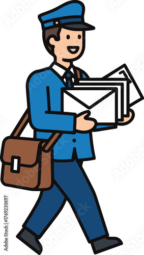 A smiling mail carrier in uniform carries a stack of letters and a satchel