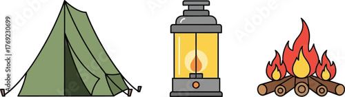 Camping tent, lantern, and campfire illustration on a white background.