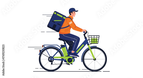 A delivery person rides an electric bicycle with a large insulated backpack.