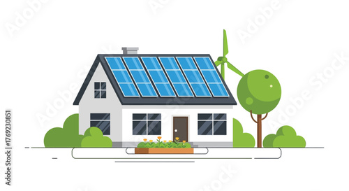 A modern house is powered by solar panels and a wind turbine, surrounded by greenery.