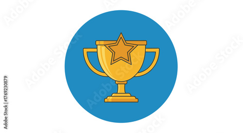 A golden trophy with a star sits on a pedestal against a blue background.