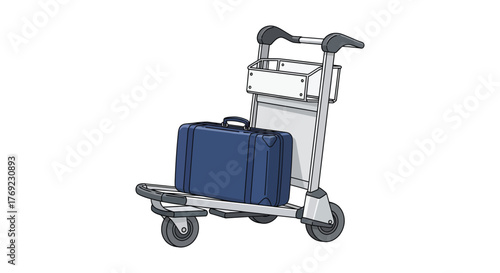 A blue suitcase is loaded onto a metal airport luggage cart for travel.