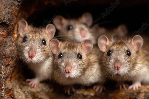 Several curious brown rats peek from a dark and rusty hole. Great for illustrating infestation, cleanliness, or animal control.