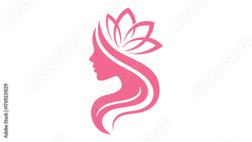 Elegant pink woman's profile with floral hair design logo for beauty and wellness brands