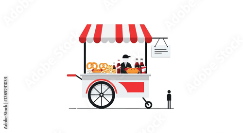 A person stands next to a pretzel and hot dog cart with drinks.