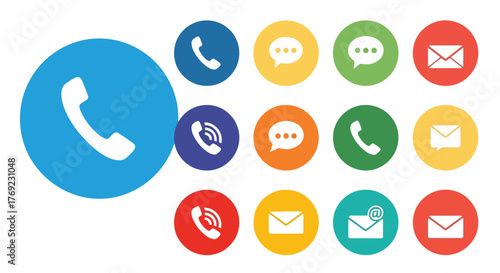 Communication icons represent phone calls, messages, and emails on a white background.