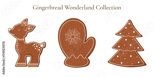 Christmas gingerbread cookies set. Flat design with reindeer, mitten and tree shaped figures on white background, isolated. Vector illustration for menu, banners