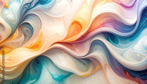 Abstract marbled acrylic paint ink painted waves painting texture colorful background banner - Bold colors, rainbow color swirls