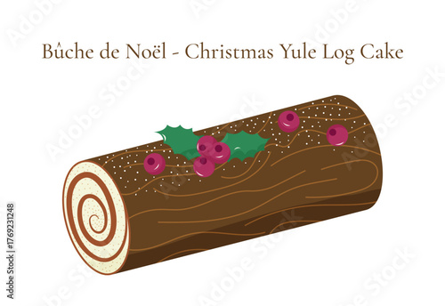 Christmas yule log cake. Flat design of chocolate bûche de noël dessert with berries on white background, isolated. Vector illustration for banners, cards, social media