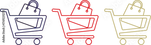 Three shopping carts with bags are displayed in different colors against a white background.