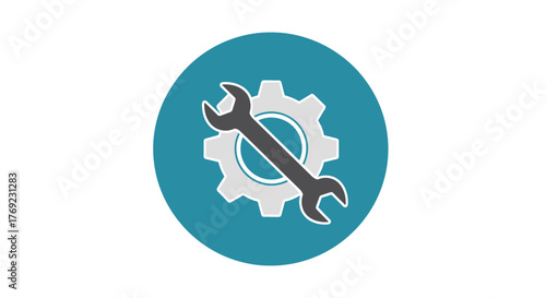 A spanner tool is placed on a cogwheel inside a blue circle.