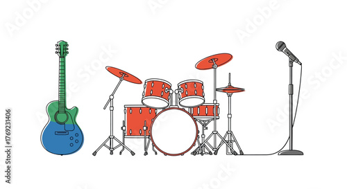 An electric guitar, drum set, and microphone are arranged on a white background.