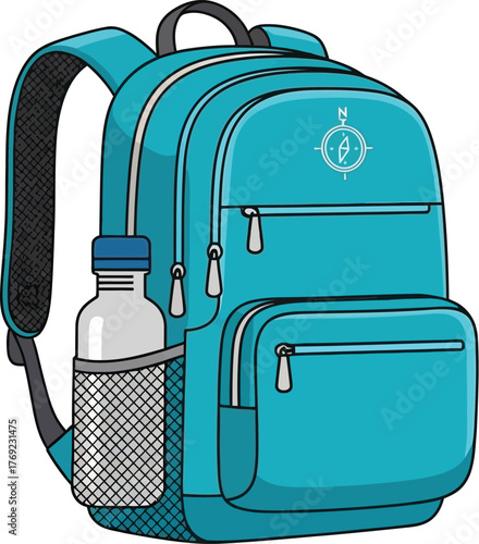 A blue backpack with a water bottle is ready for adventure.