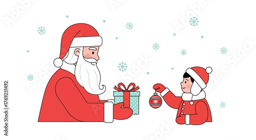 Kind Santa Claus in a red suit gives a festive gift to a happy child during the magical Christmas season