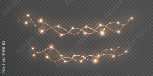 Christmas tree lights with warm, bright yellow bulbs on a transparent background. Festive lights for overlaying on a dark or light background.