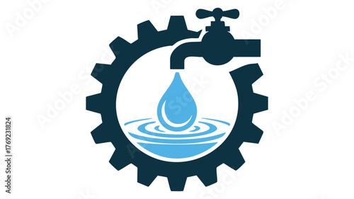 Plumbing industrial gear logo with water drop and faucet symbolizing service
