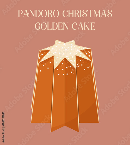 Golden pandoro christmas cake. Flat design of traditional italian star-shaped holiday dessert on beige background, isolated. Winter illustration for social media, cards, banners