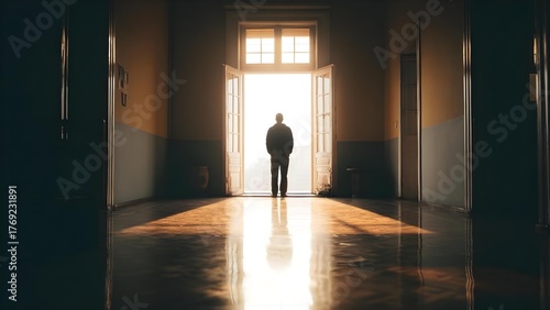 Wallpaper Mural A lone silhouette stands in an open doorway at the end of a dim hallway, bathed in warm backlight and reflected on the glossy floor. Concept Silhouette Portrait, Dim Corridor Lighting Torontodigital.ca