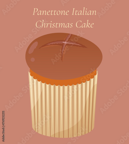 Italian panettone Christmas cake. Flat design of traditional holiday dessert on beige background, isolated. Winter illustration for cards, banners, social media