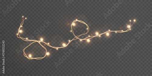 Christmas tree lights with warm, bright yellow bulbs on a transparent background. Festive lights for overlaying on a dark or light background.