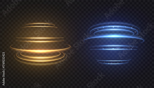 Circular glow effects of yellow and unforgettable blue swirls of light with a soft trail and shimmer against a dark background; suitable for backlighting, HUD frames, logos, and motion design.