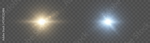 A bright sun with shimmering highlights on a transparent background. Vector light effect for dark and light backgrounds.