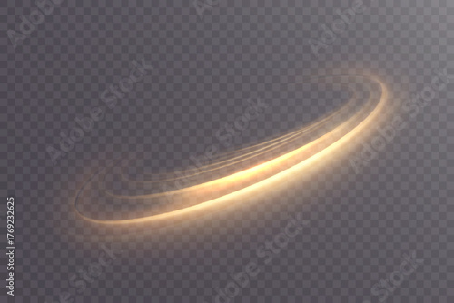 A golden, curved light trail with a soft glow on a transparent background. A vibrant, arched swirl with glittering highlights for overlays, titles, and abstract designs.