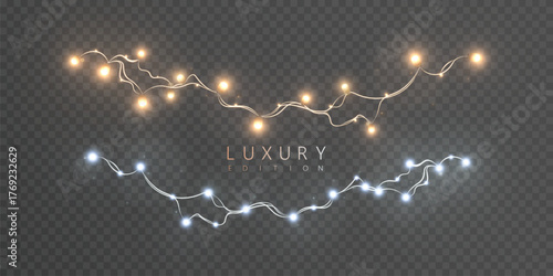 Christmas tree lights with warm, bright yellow bulbs on a transparent background. Festive lights for overlaying on a dark or light background.