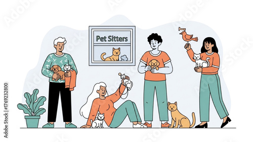 Happy pet owners and sitters enjoying time with their adorable furry friends