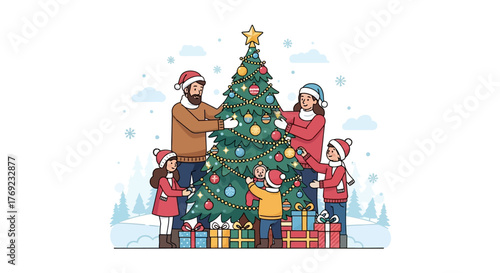 Happy family decorates a festive Christmas tree with ornaments and lights, creating cherished holiday memories and embracing the winter season together