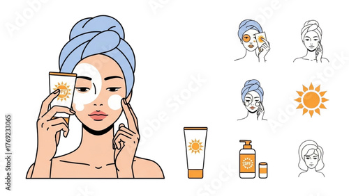 Skincare Routine Applying Sunscreen & Protecting Skin from Sun Damage in Illustration