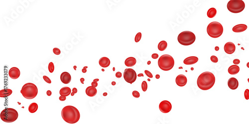 Realistic red blood cells in motion on a white background. Isolated red blood cells for medical and biological visualization materials and healthcare design.
