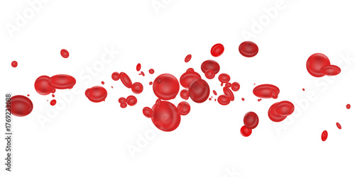 Realistic red blood cells in motion on a white background. Isolated red blood cells for medical and biological visualization materials and healthcare design.