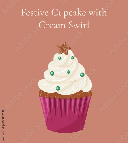 Holiday cupcake on beige background. Flat illustration of Christmas pastry with swirl cream and sprinkles isolated. Winter illustration for menu design, banners, social media