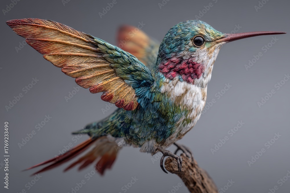 Fototapeta premium Realistic depiction of a hummingbird perched on a branch showcasing vibrant colors and intricate feather details in a serene environment