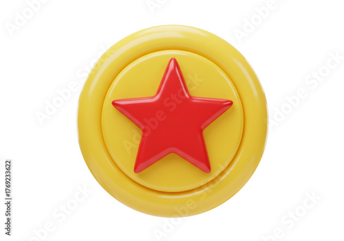 Isolated Toy Story's Pizza Planet symbol, a red star set on a yellow disc shape, iconic motif
