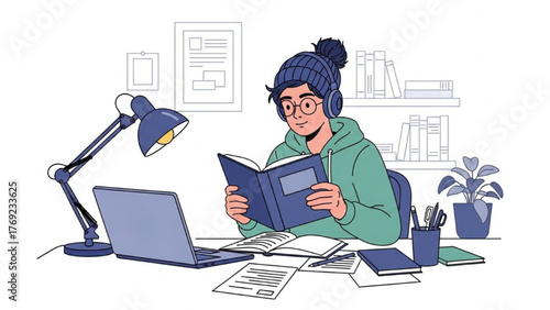 Dedicated individual immersed in learning and productivity, utilizing a blend of traditional books and modern technology