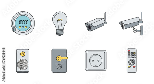 A collection of smart home technology devices and security cameras is displayed.