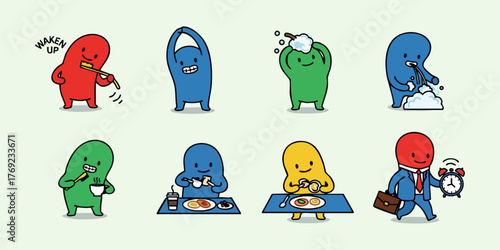 Set of nine cute cartoon characters, daily morning routine icon collection.
