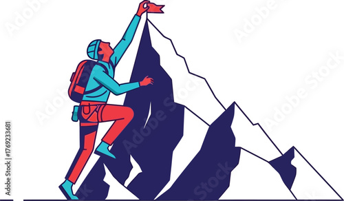 A person reaches the summit and plants a flag on a mountain peak.