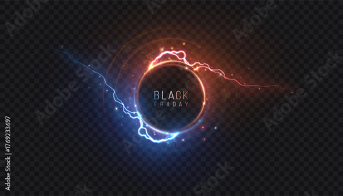 Electric circular ring with blue–orange lightning around a dark center on a transparent background. Black Friday sale element for banners, promos, hero headers, logo reveals and motion graphics.