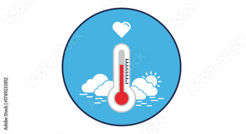 A thermometer shows a warm temperature with a heart and sun icon, indicating health.