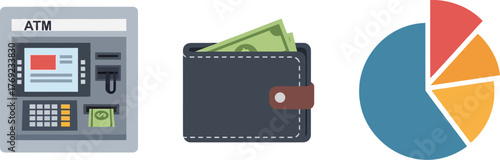 An automated teller machine, a wallet with money, and a pie chart are shown.