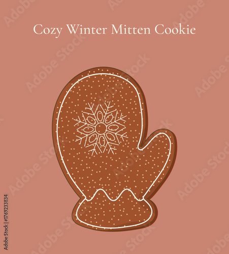 Christmas mitten cookie on beige background. Flat illustration of winter glove gingerbread with frosting details isolated. Vector art for banners, cards, social media