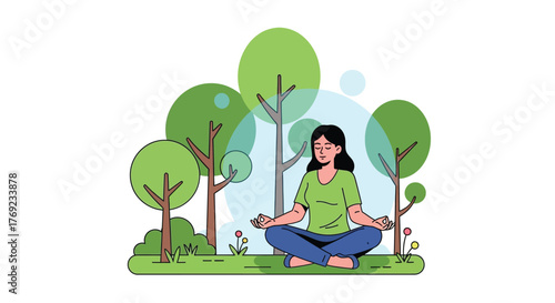 A woman meditates peacefully in a park surrounded by trees and foliage.