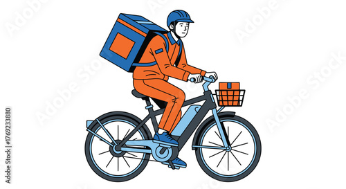 A delivery person rides an electric bicycle with a large insulated bag on their back.