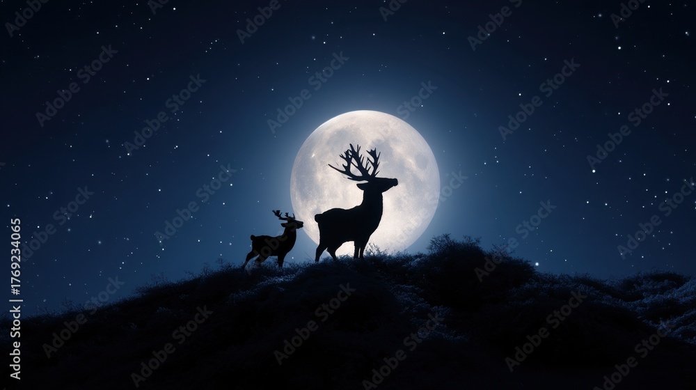 Naklejka premium Majestic Deer Silhouette Under Full Moon in Night Sky Landscape