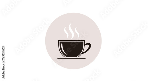 A steaming cup of coffee sits on a saucer within a light gray circle.